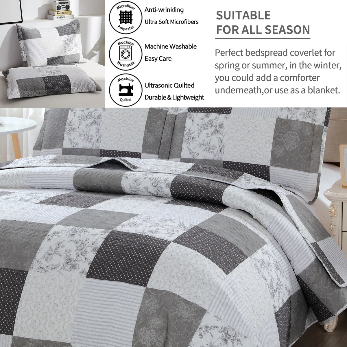 Queen/Full Size Floral Patchwork Quilt Microfiber Bedspread C472281