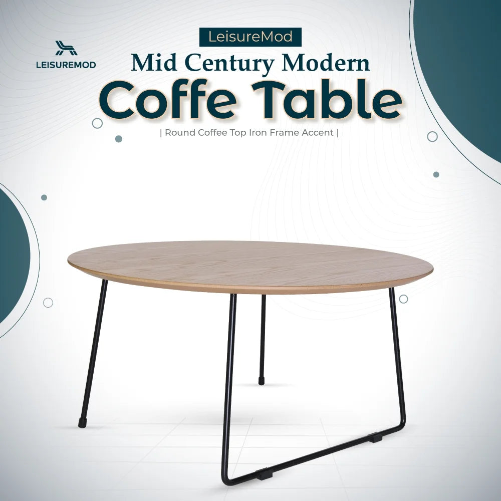 Mid Century Modern Round Coffee Table with Wood Top N950
