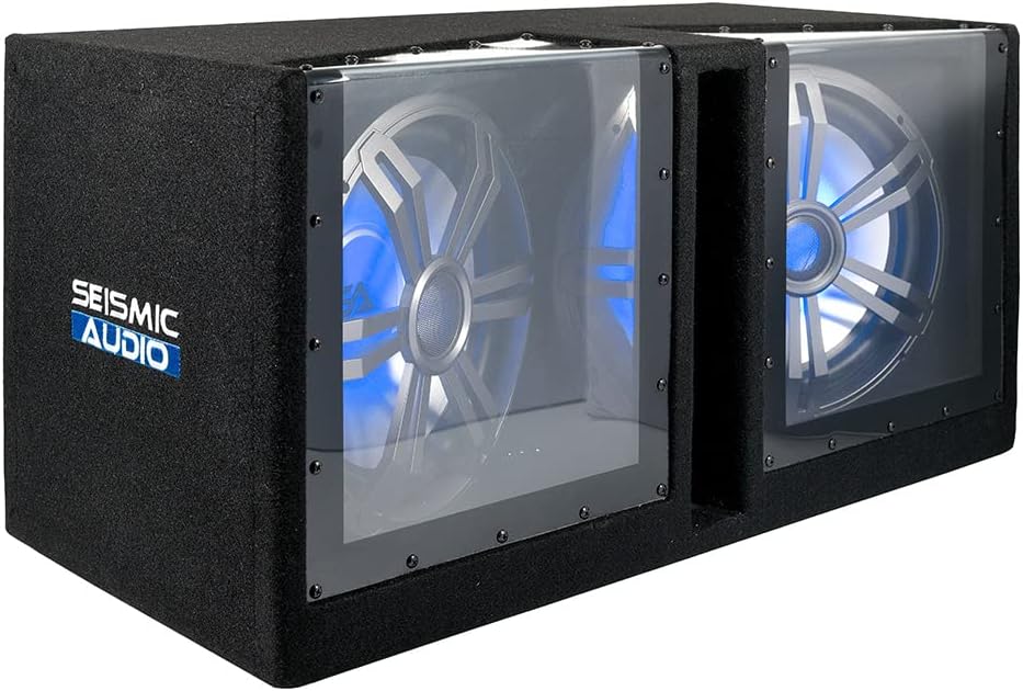 Dual 12 Inch Vented 1200 Watt Car Audio Subwoofer with LED Lights Enclosure Package with Amplifier & Cables A579509