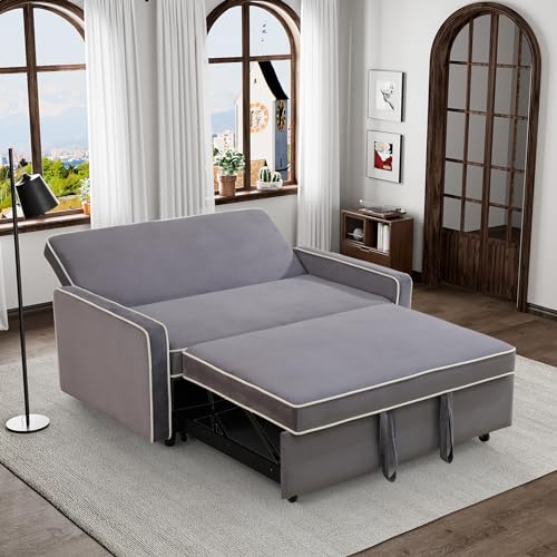 Grey 3 in 1 Convertible Sleeper Sofa with Pullout Bed Flannel 2 Seater Futon Loveseat Couch Bed O797033