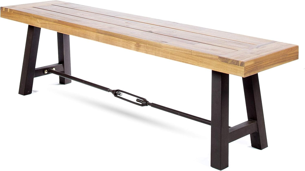 Teak Finish Acacia Wood Bench with Metal Accents P986