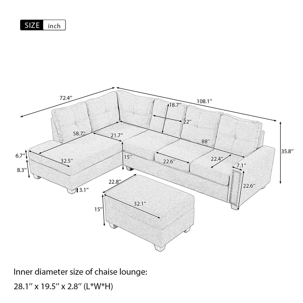 Reversible Sectional Sofa with Storage Ottoman P38621