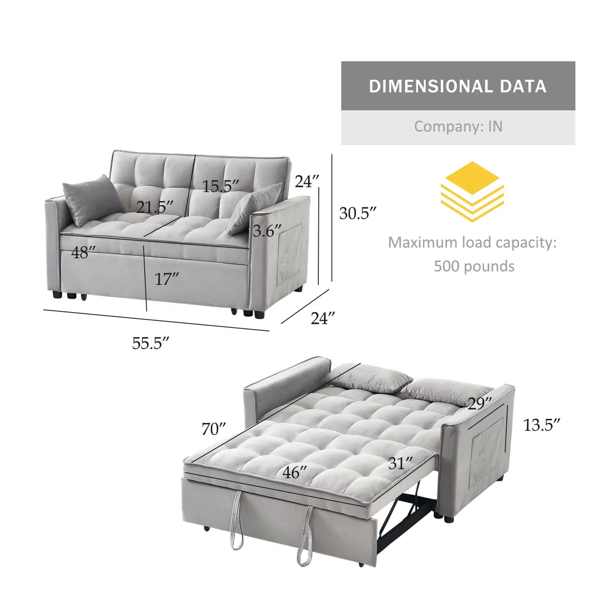55.5'' Velvet Convertible Sleeper Sofa Bed M971827