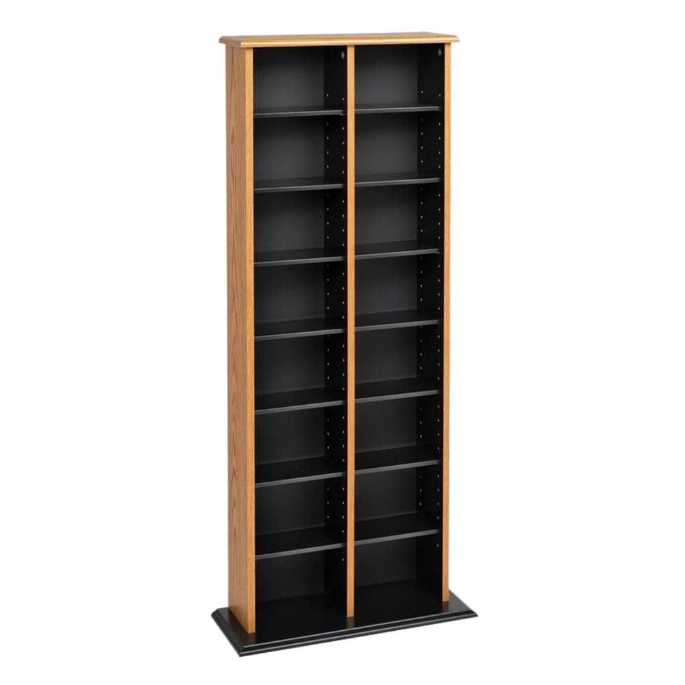 Oak and Black Double Multimedia Tower Storage Cabinet H91382