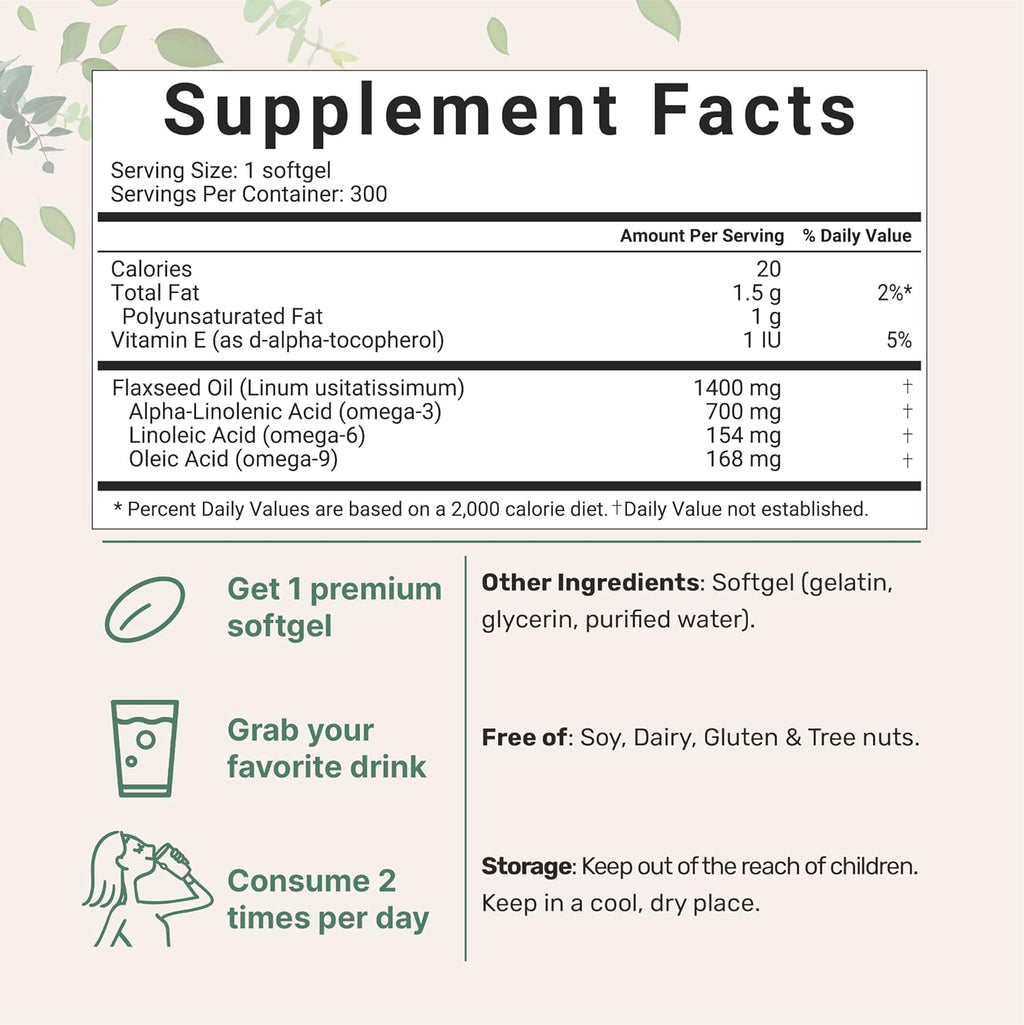 Flaxseed Oil 1400mg Softgels, 300 Counts, Cold Pressed, Non-GMO A18394