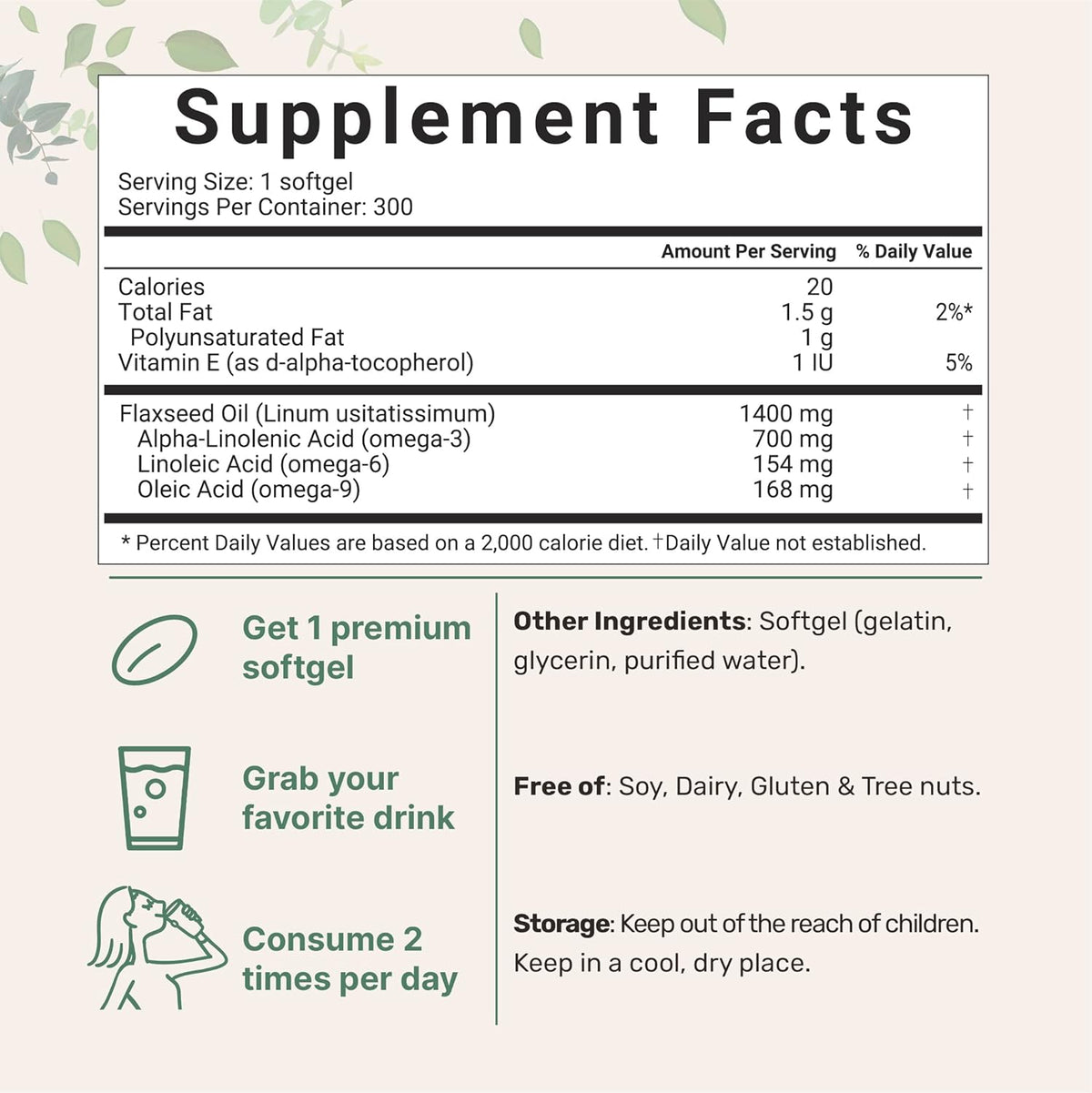 Flaxseed Oil 1400mg Softgels, 300 Counts, Cold Pressed, Non-GMO A18394