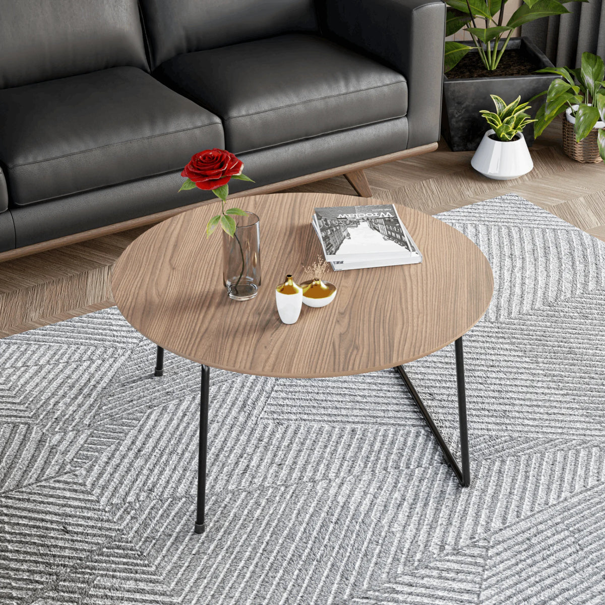Mid Century Modern Round Coffee Table with Wood Top N950