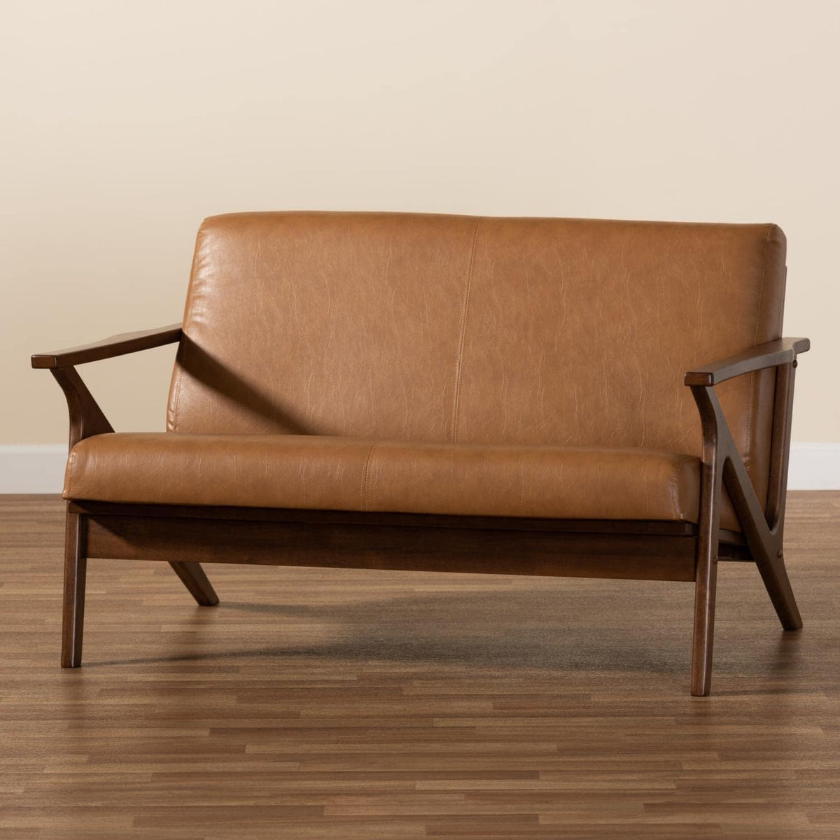 Walnut Brown Wood and Tan Faux Leather Loveseat P81556