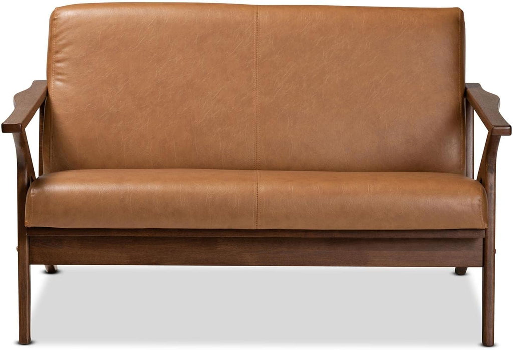 Walnut Brown Wood and Tan Faux Leather Loveseat P81556
