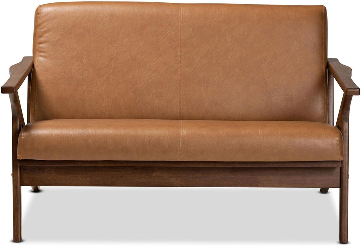 Walnut Brown Wood and Tan Faux Leather Loveseat P81556