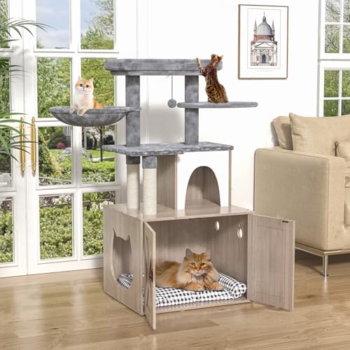 Grey Litter Box Enclosure with Cat Tree and Sisal Scratching Post R2079