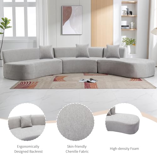 Grey Chenille Curved Sofa Sectional with Three Throw Pillows L9815