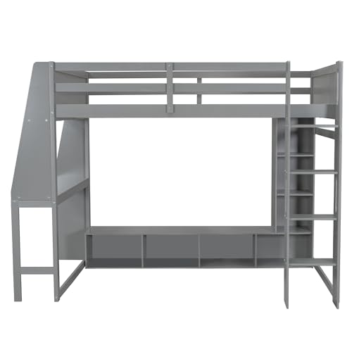 Full Size Solid Wood Loft Bed with Desk and Storage, Grey U559