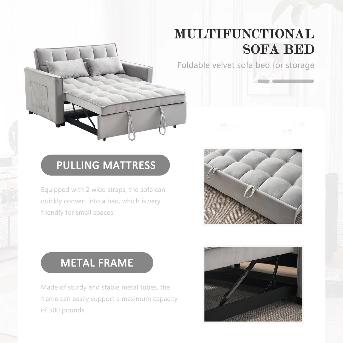 55.5'' Velvet Convertible Sleeper Sofa Bed M971827