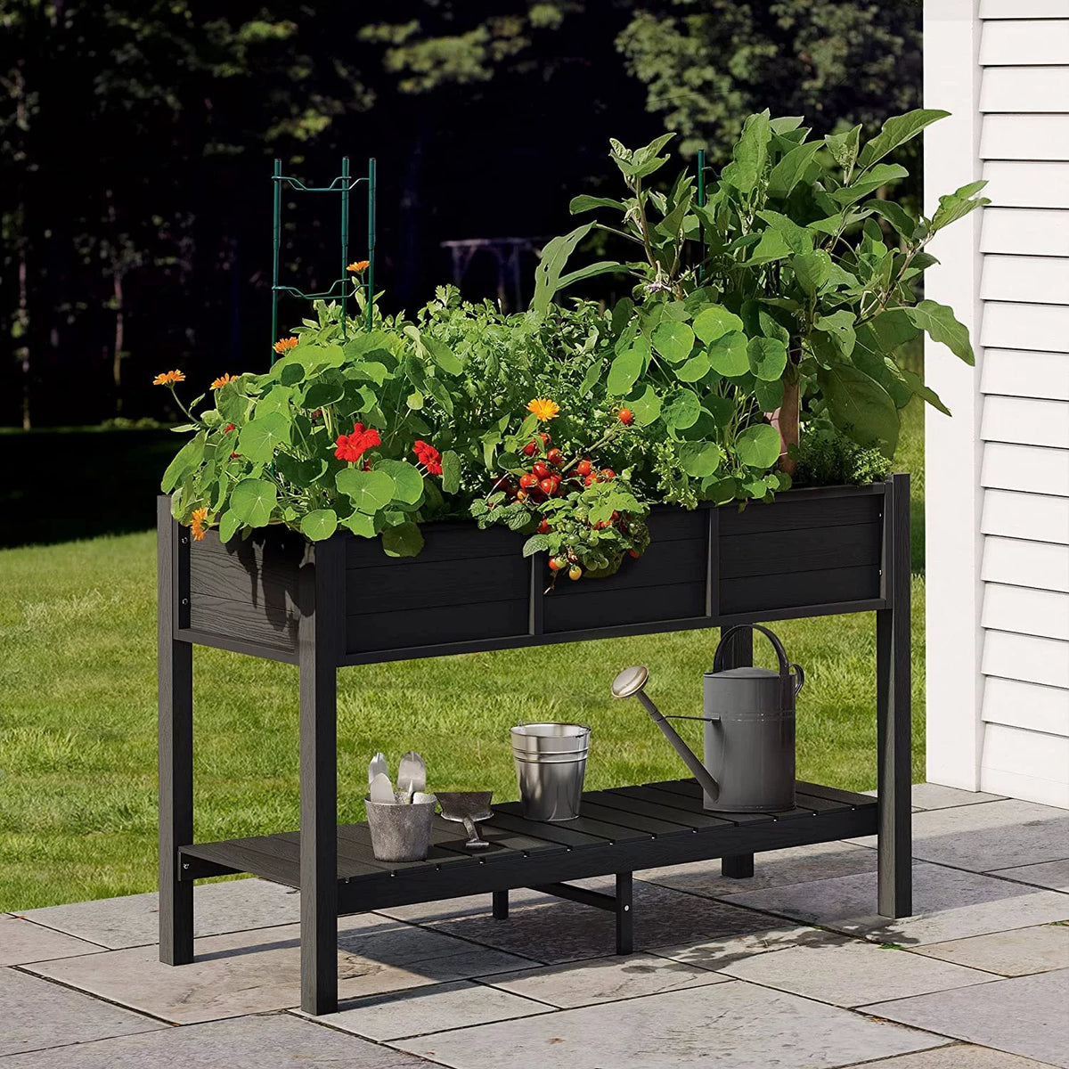Black Elevated Raised Garden Bed Planter Box with Legs & Shelf Y6575