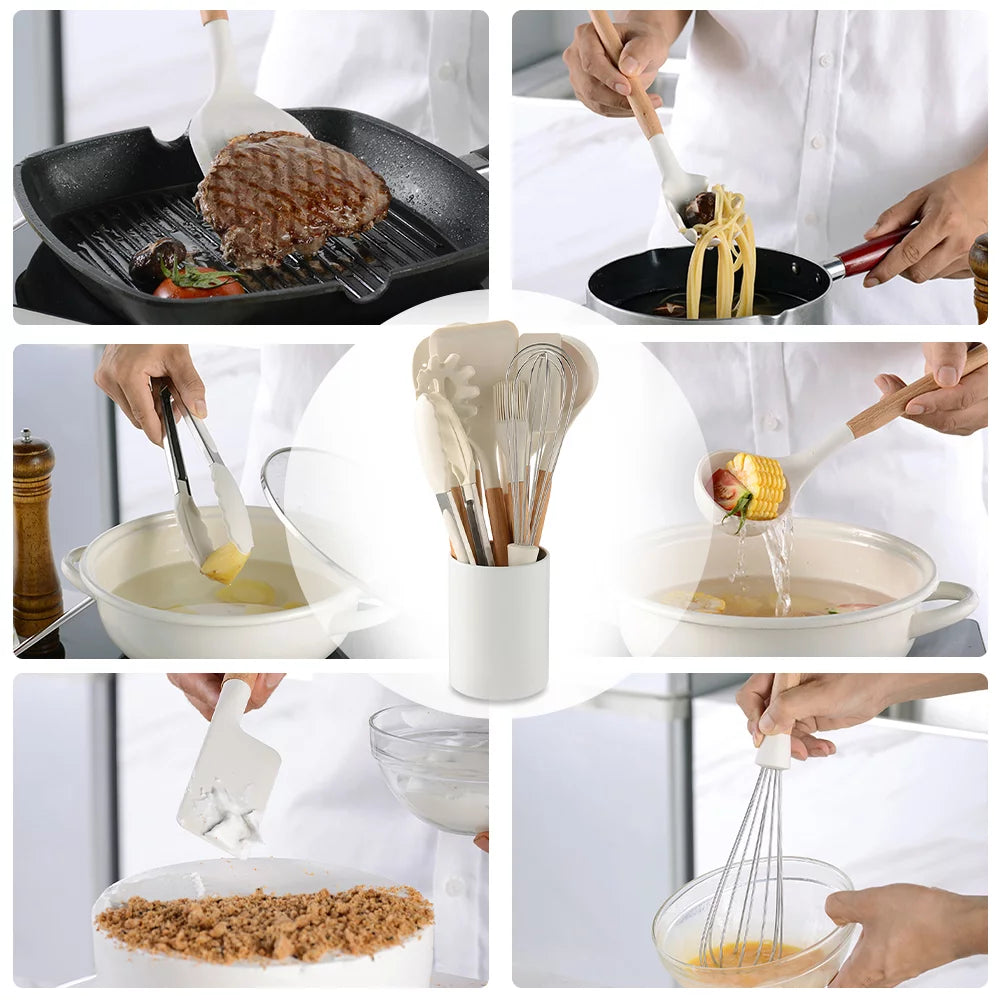 10 PCS Silicone Utensil Set Wooden Handle E311135