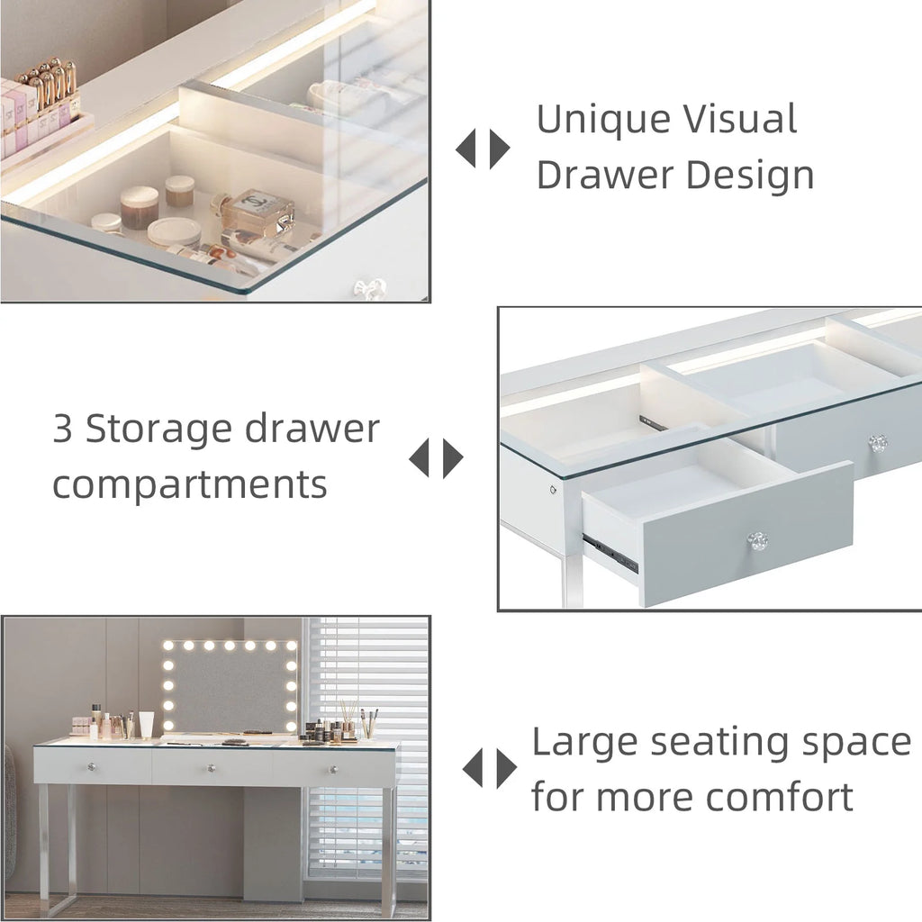 3-Drawer Vanity Table with LED Light and Charging Port L731