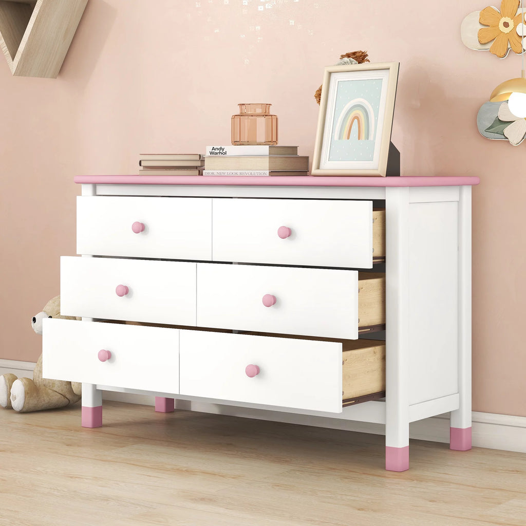 White Pink 6 Drawer Wooden Storage Dresser F61527