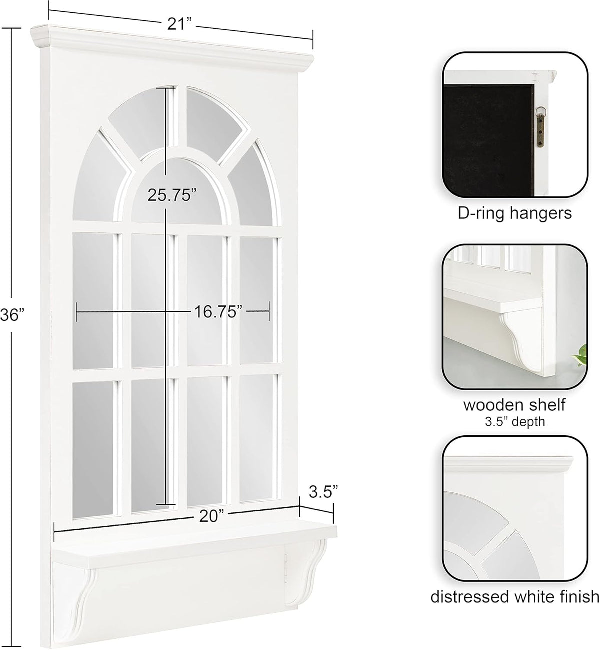 Traditional Arched Mirror with Shelf, 21 x 36, White E5386