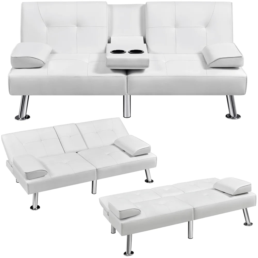 White Faux Leather Futon Sofa Bed with Cup Holders C59052