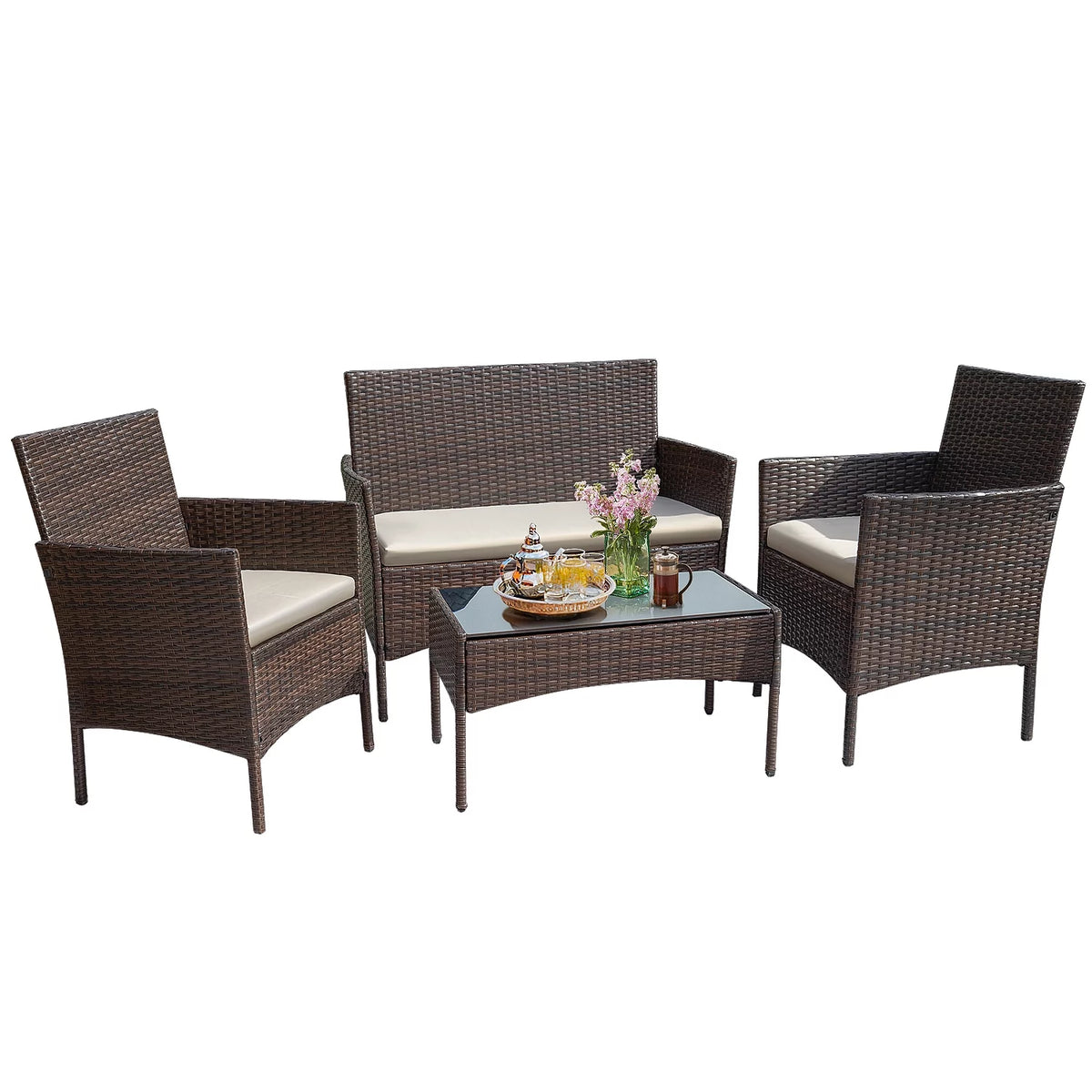 4 Pieces Brown PE Rattan Patio Conversation Set X151613