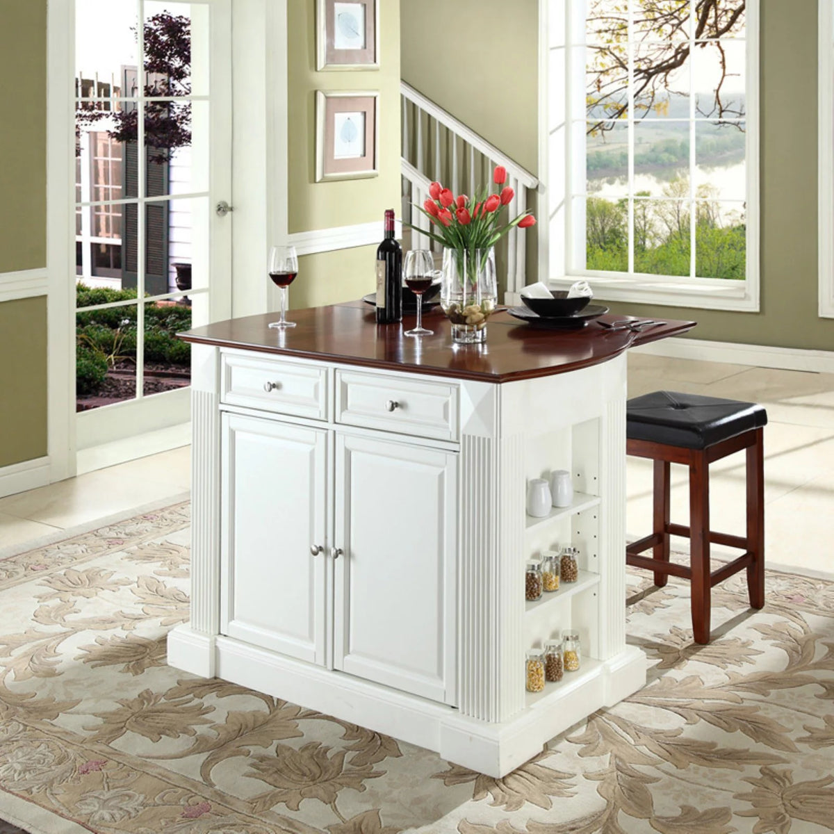 Drop Leaf Kitchen Island with Upholstered Square Seat Stools M54675