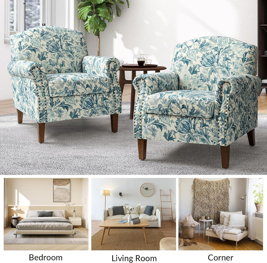 Accent Chair With Wood Legs & Removable Cushion, Floral Design Single Sofa E88063