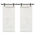 White Stained Solid Knotty Pine Wood Double Interior Sliding Barn Doors with Hardware Kit S7662