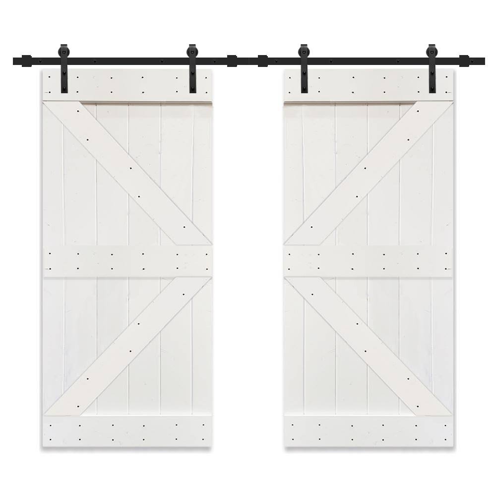 White Stained Solid Knotty Pine Wood Double Interior Sliding Barn Doors with Hardware Kit S7662