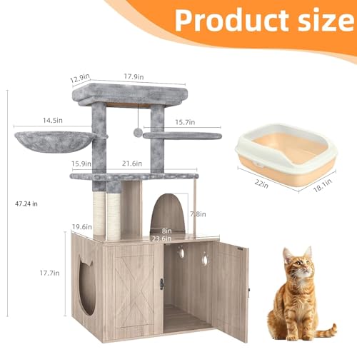 Grey Litter Box Enclosure with Cat Tree and Sisal Scratching Post R2079