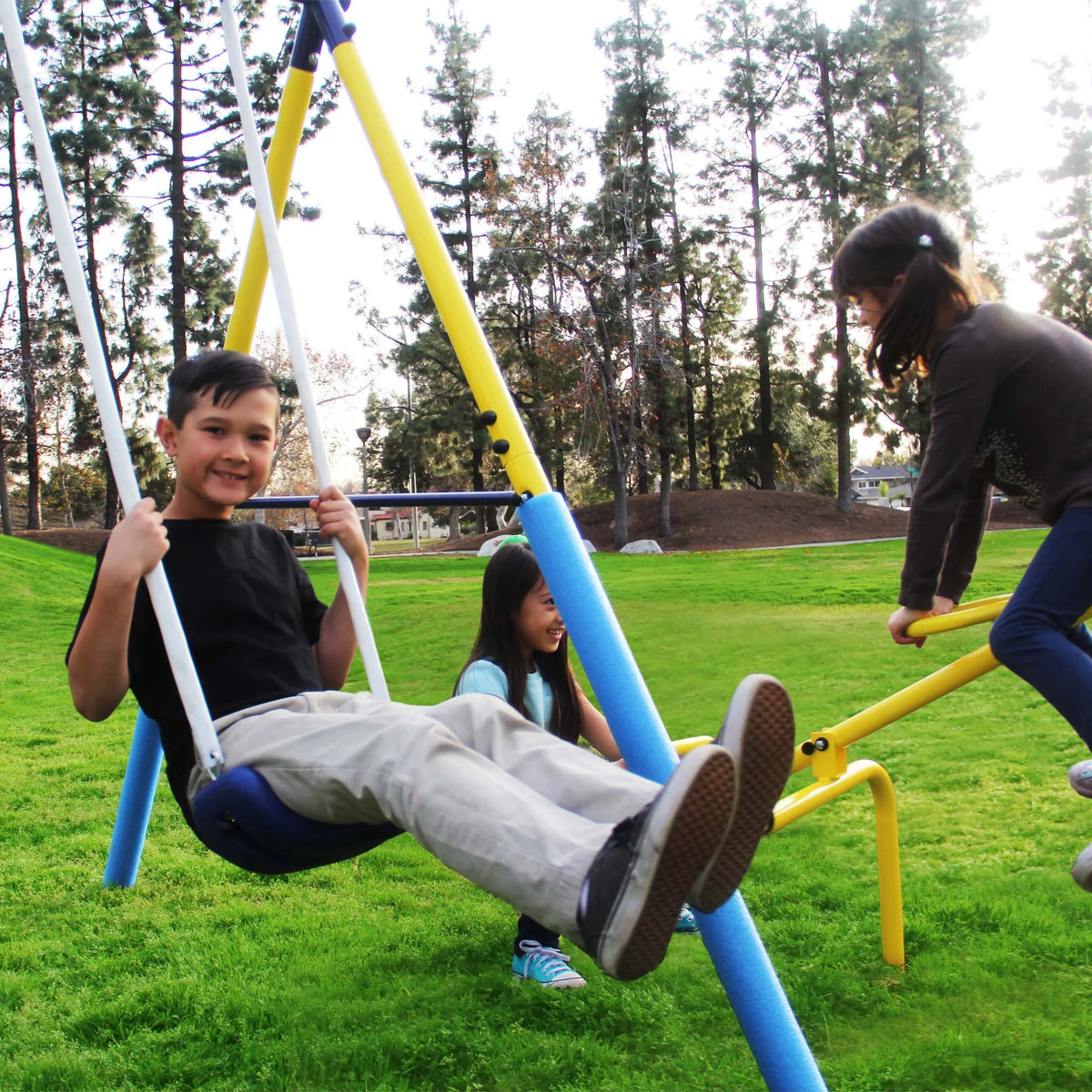 Metal Swing Set with Trapeze, Teeter-Totter, and 6' Double Wall Slide K9844
