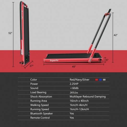 2-in-1 Folding Treadmill with Bluetooth Speaker LED Display Red D3845
