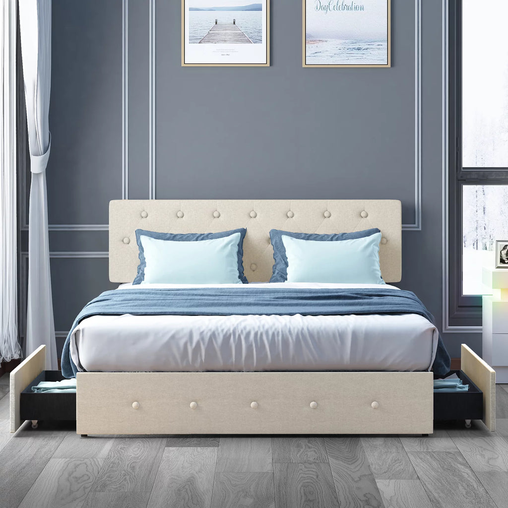 King Bed Frame with Tufted Headboard and 4 Drawers S664