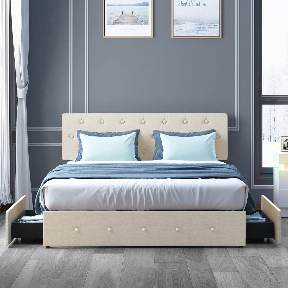 King Bed Frame with Tufted Headboard and 4 Drawers S664