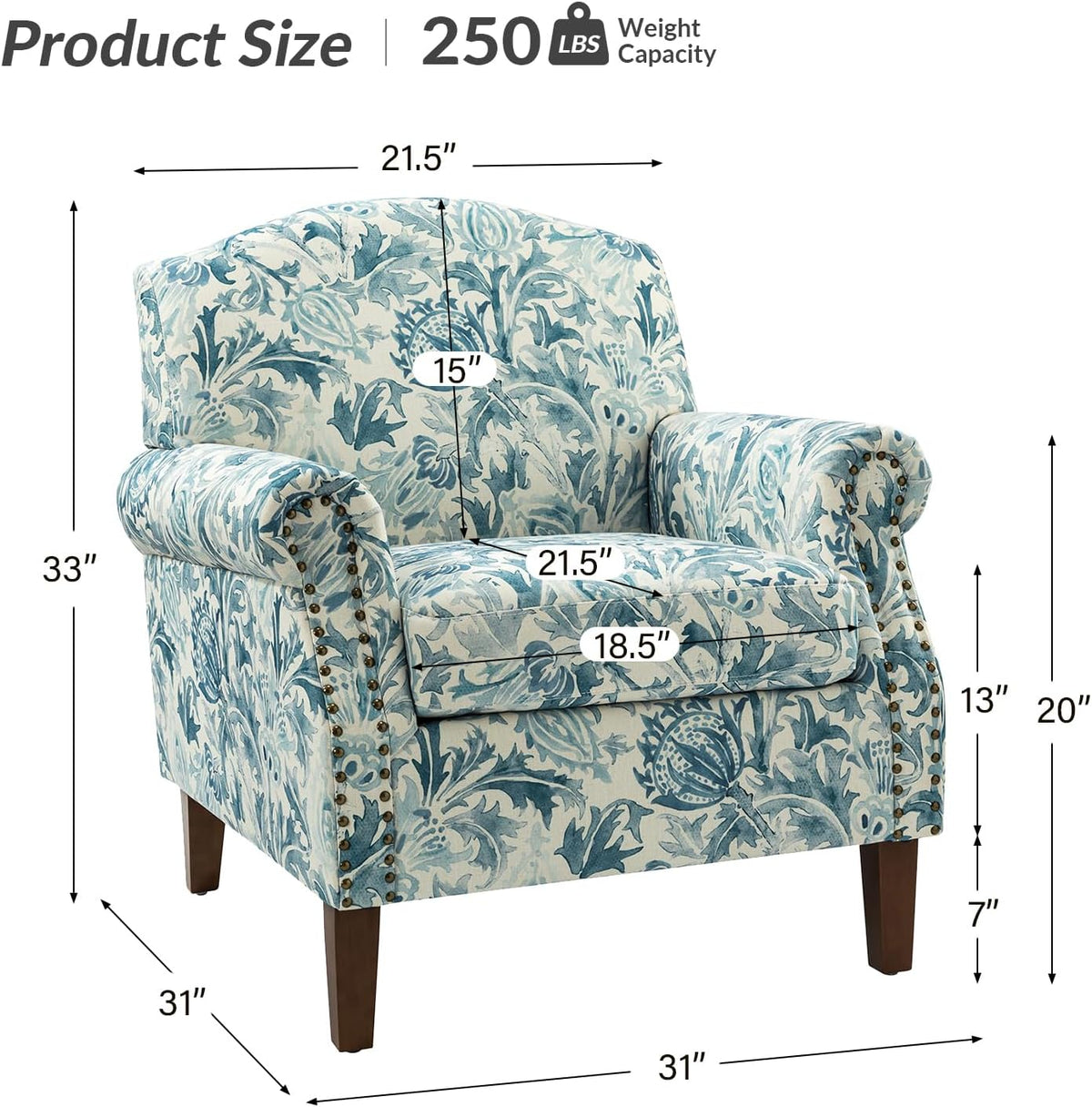 Accent Chair With Wood Legs & Removable Cushion, Floral Design Single Sofa E88063