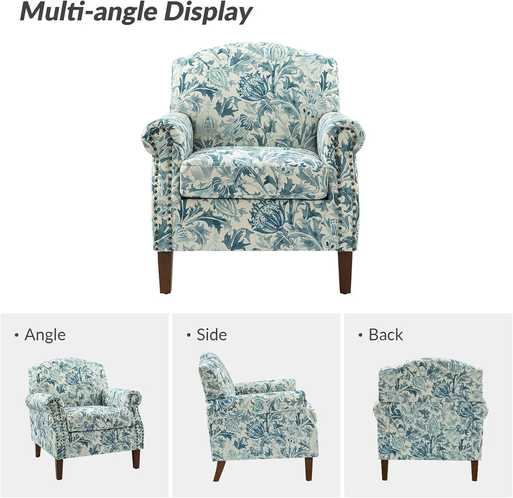 Accent Chair With Wood Legs & Removable Cushion, Floral Design Single Sofa E88063