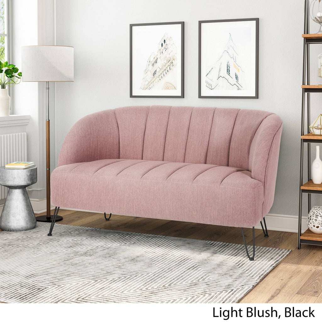 Light Blush Polyester Fabric Loveseat with Hairpin Legs D754