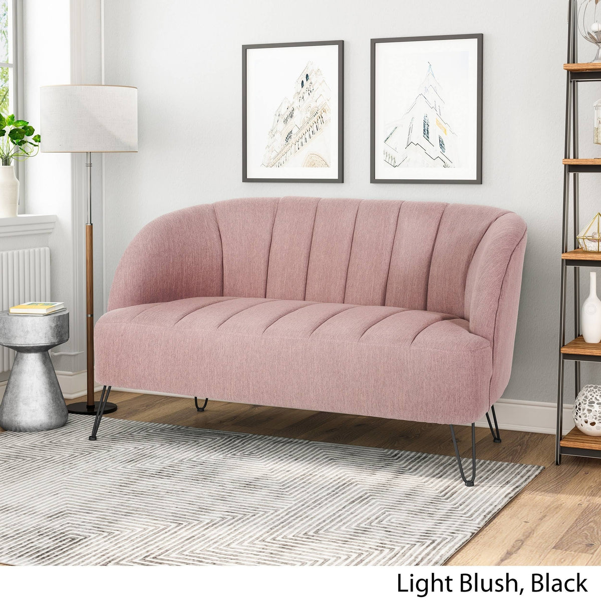 Light Blush Polyester Fabric Loveseat with Hairpin Legs D754