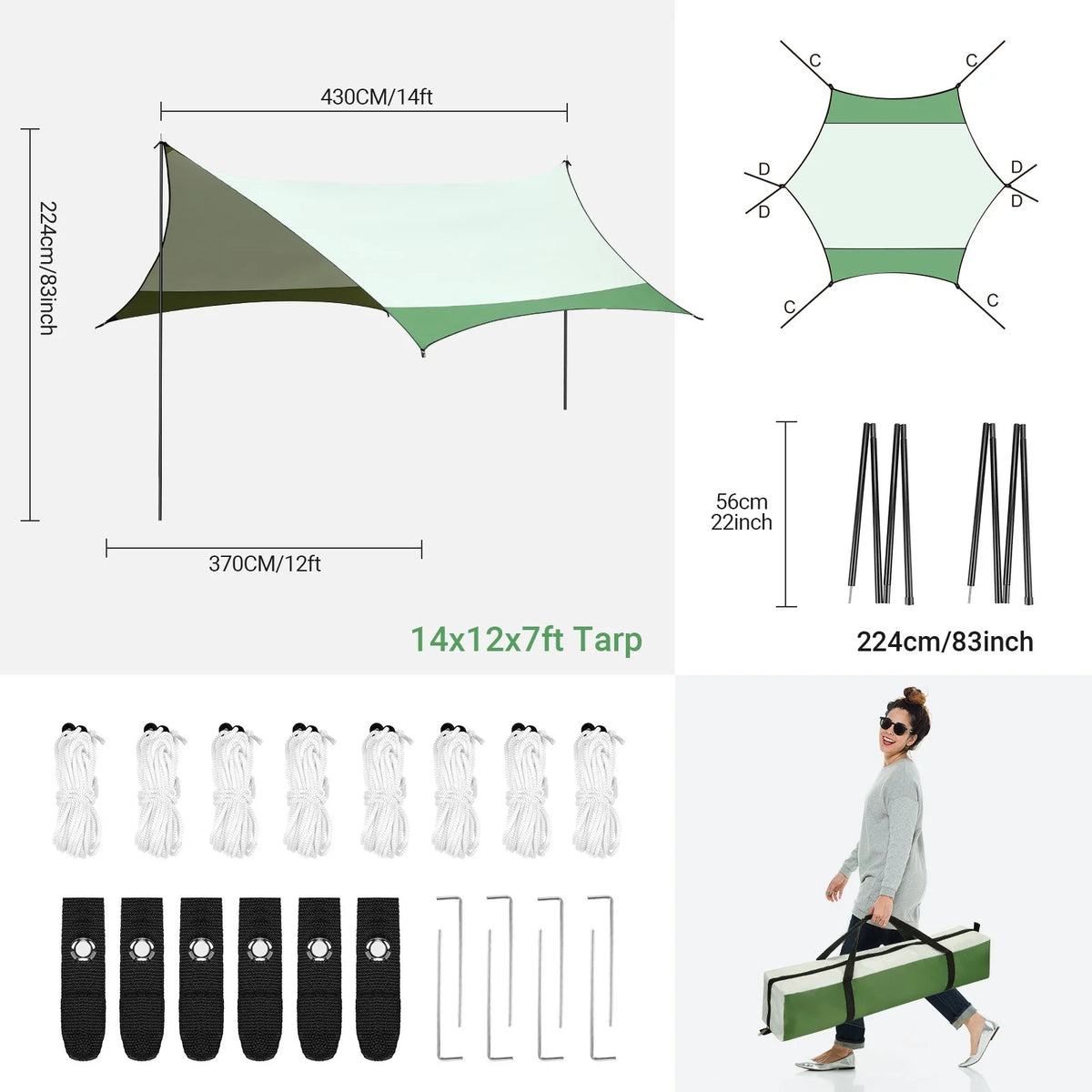 12 x 14ft Waterproof Camping Tent Tarp with 2 Poles K19018
