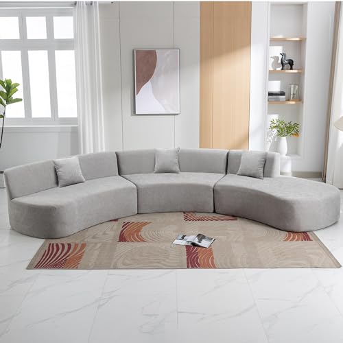 Grey Chenille Curved Sofa Sectional with Three Throw Pillows L9815