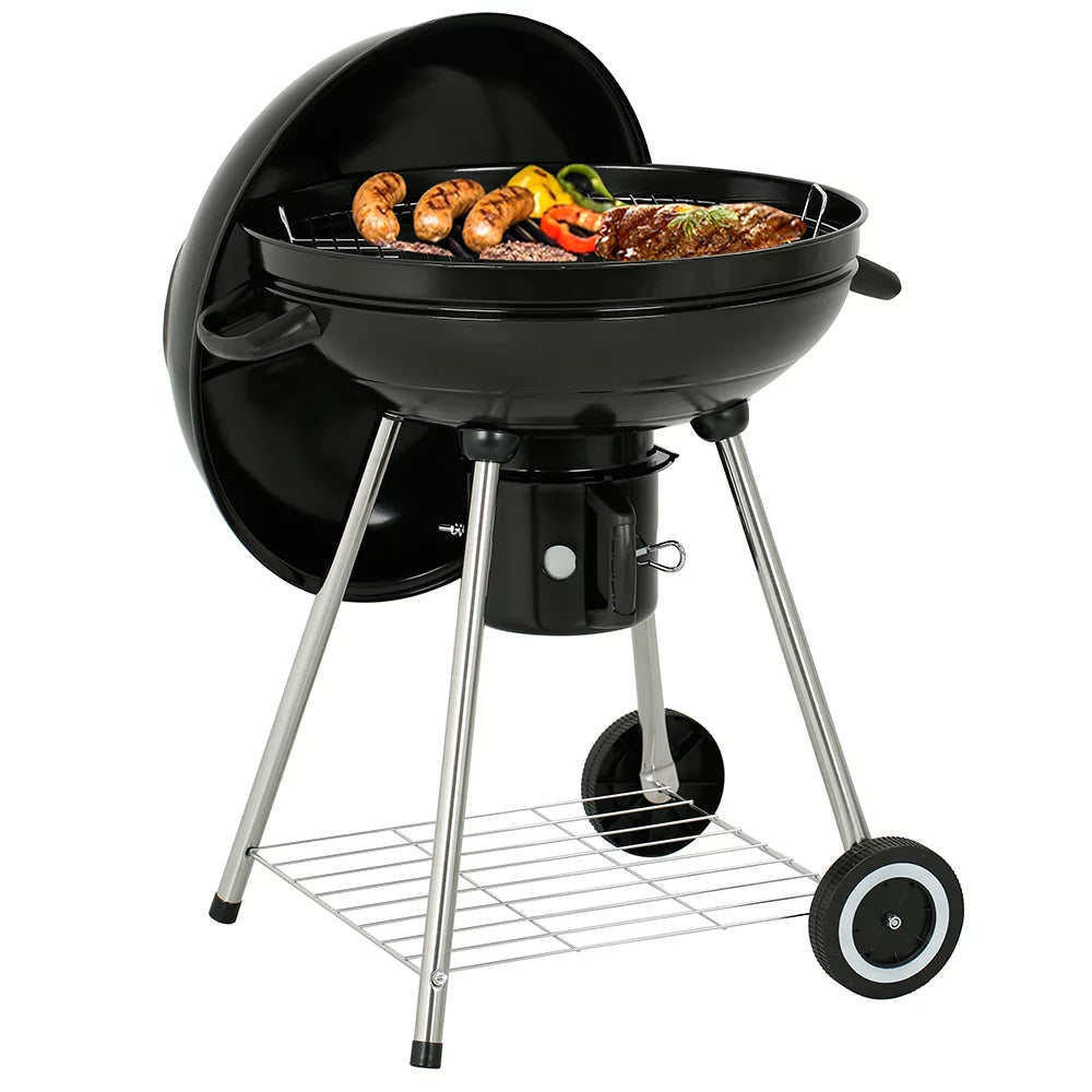 22" Round Portable Charcoal Kettle Grill With 2 Wheels, Black M5590