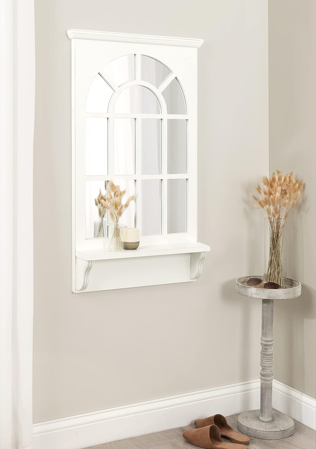 Traditional Arched Mirror with Shelf, 21 x 36, White E5386