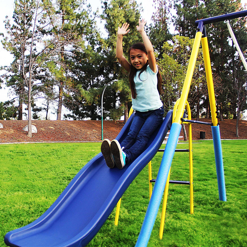 Metal Swing Set with Trapeze, Teeter-Totter, and 6' Double Wall Slide K9844