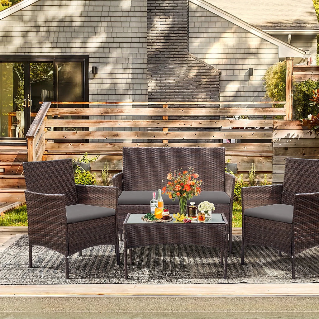 4 Pieces Brown PE Rattan Patio Conversation Set X151613