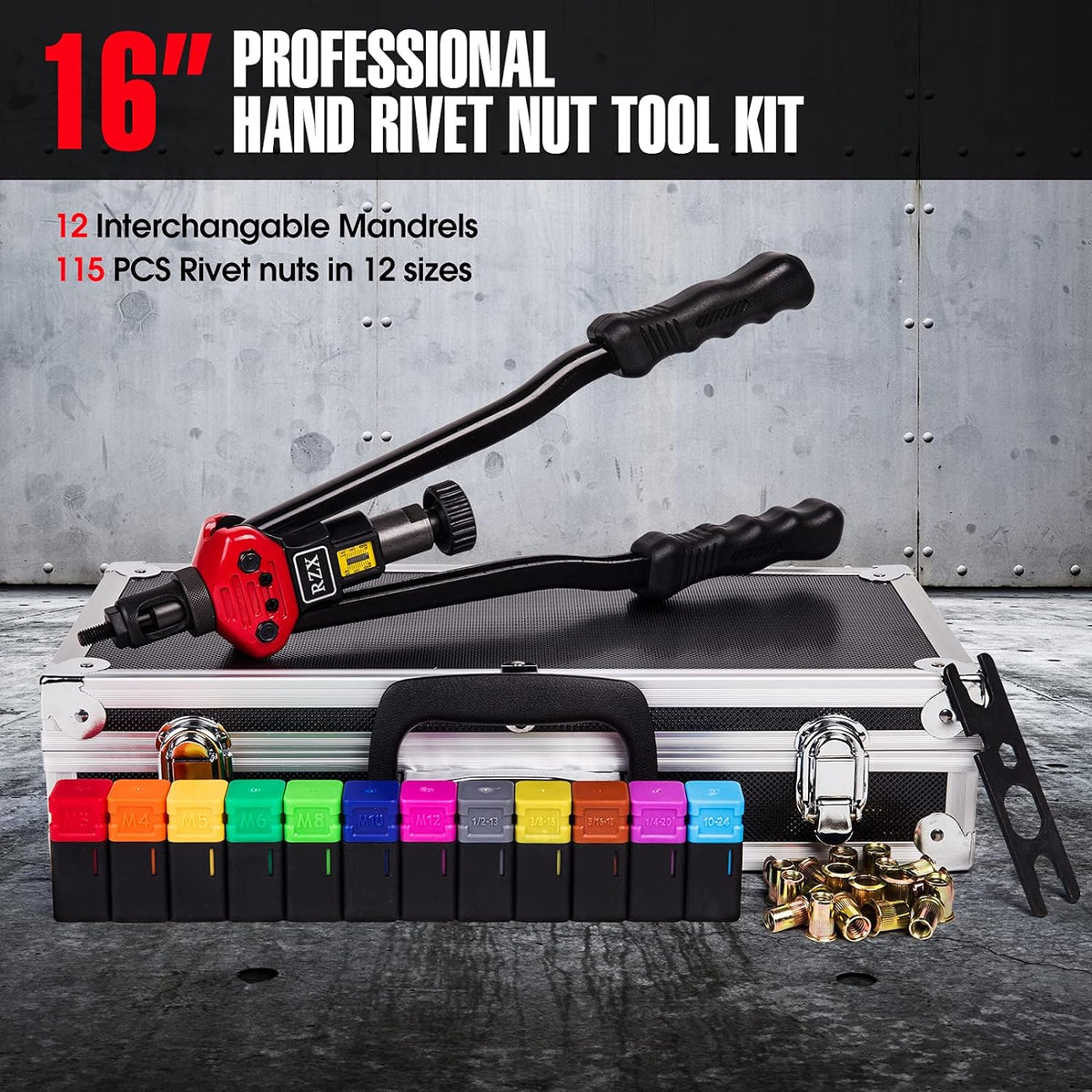 16 Rivet Nut Tool Set with 115Pcs Assorted Rivet Nuts and aluminum Carrying Case I111