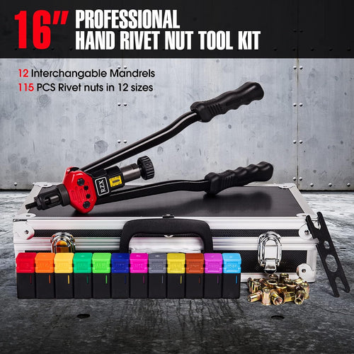 16 Rivet Nut Tool Set with 115Pcs Assorted Rivet Nuts and aluminum Carrying Case I111