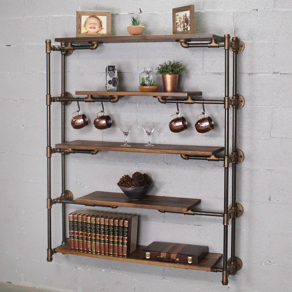 Modern Industrial Floating Tier Etagere Espresso and Hammered Black D4235