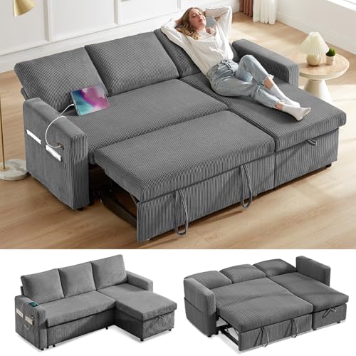 Corduroy Grey L Shaped Sleeper Sofa with Storage Chaise J86254