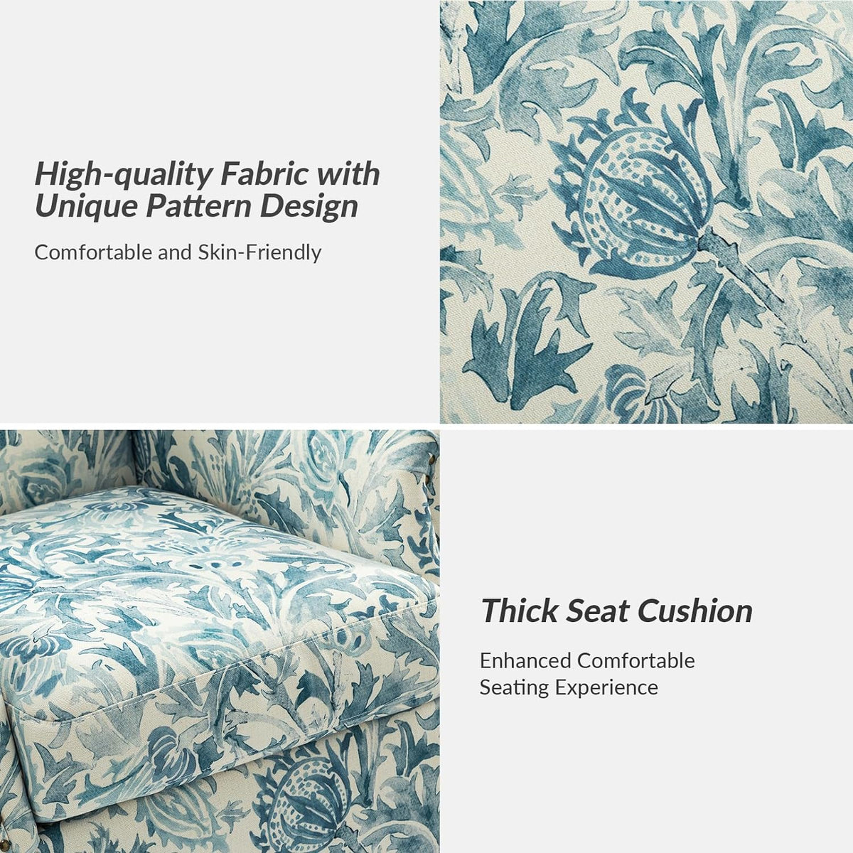 Accent Chair With Wood Legs & Removable Cushion, Floral Design Single Sofa E88063
