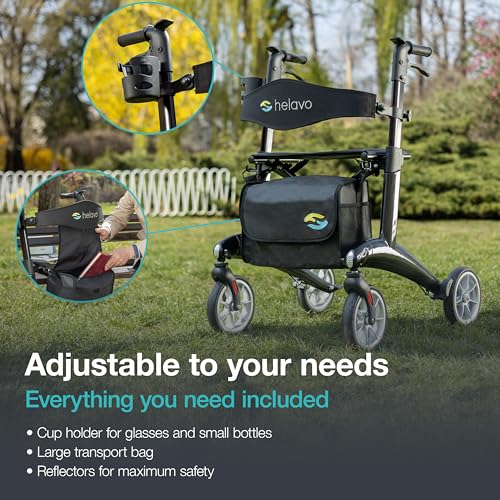 Ultralight Carbon Fiber 4-Wheel Rollator Walker, 12.3 lbs, 25.2" Width, 300 lbs Capacity, 8" Wheels, Foldable, Height Adjustable R40508
